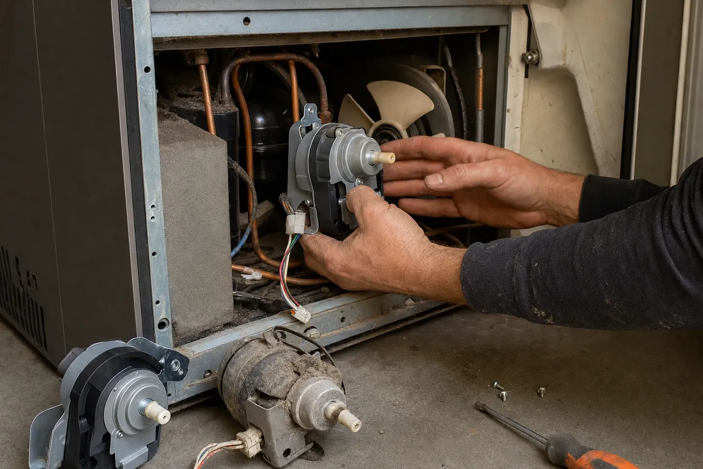 Hands seating a replacement condenser fan motor in the open lower machine compartment of a refrigerator, the old motor on the floor alongside