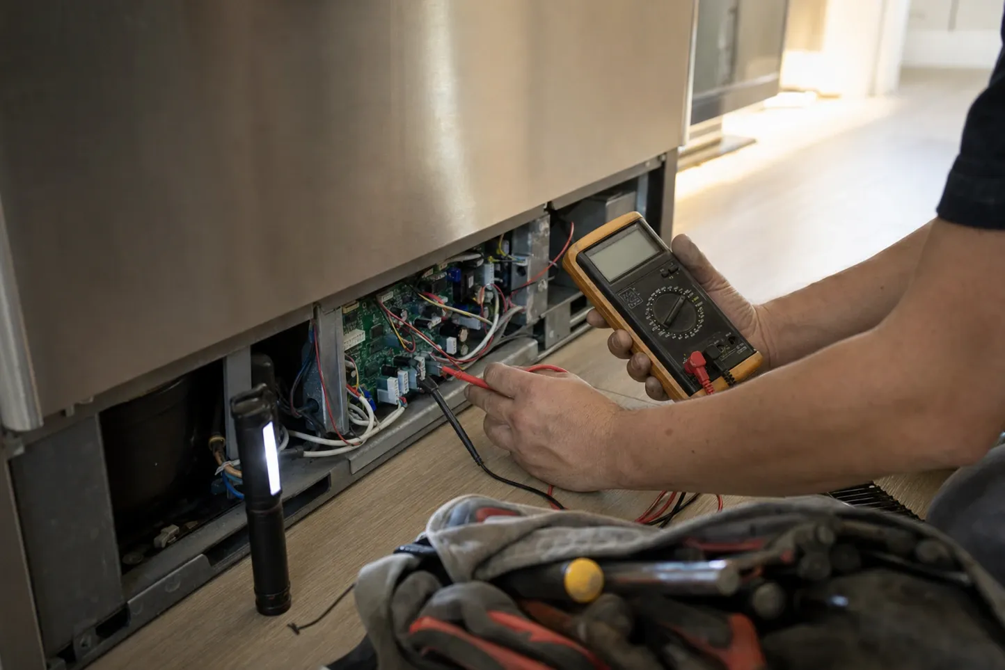 A kneeling figure holding a multimeter against the exposed control board in the lower compartment of a stainless built-in, work light on the floor