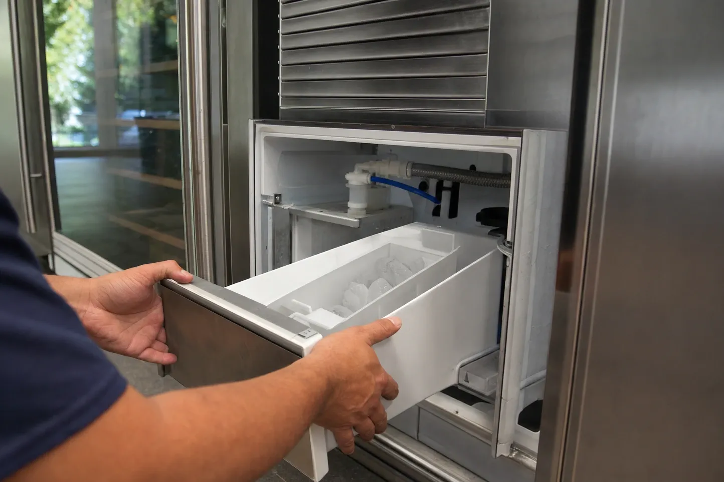 A figure drawing open the ice-maker drawer of a stainless built-in column, the storage bin part full of cubes and the blue fill tube behind it